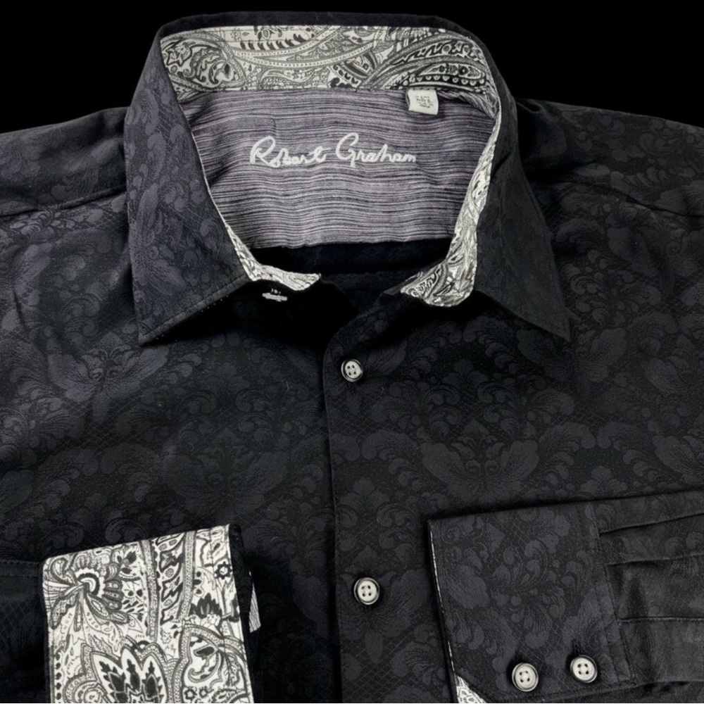 Robert Graham Black Patterned Dress Shirt (Prom Ready) with paisley trim. - Picture 7 of 8